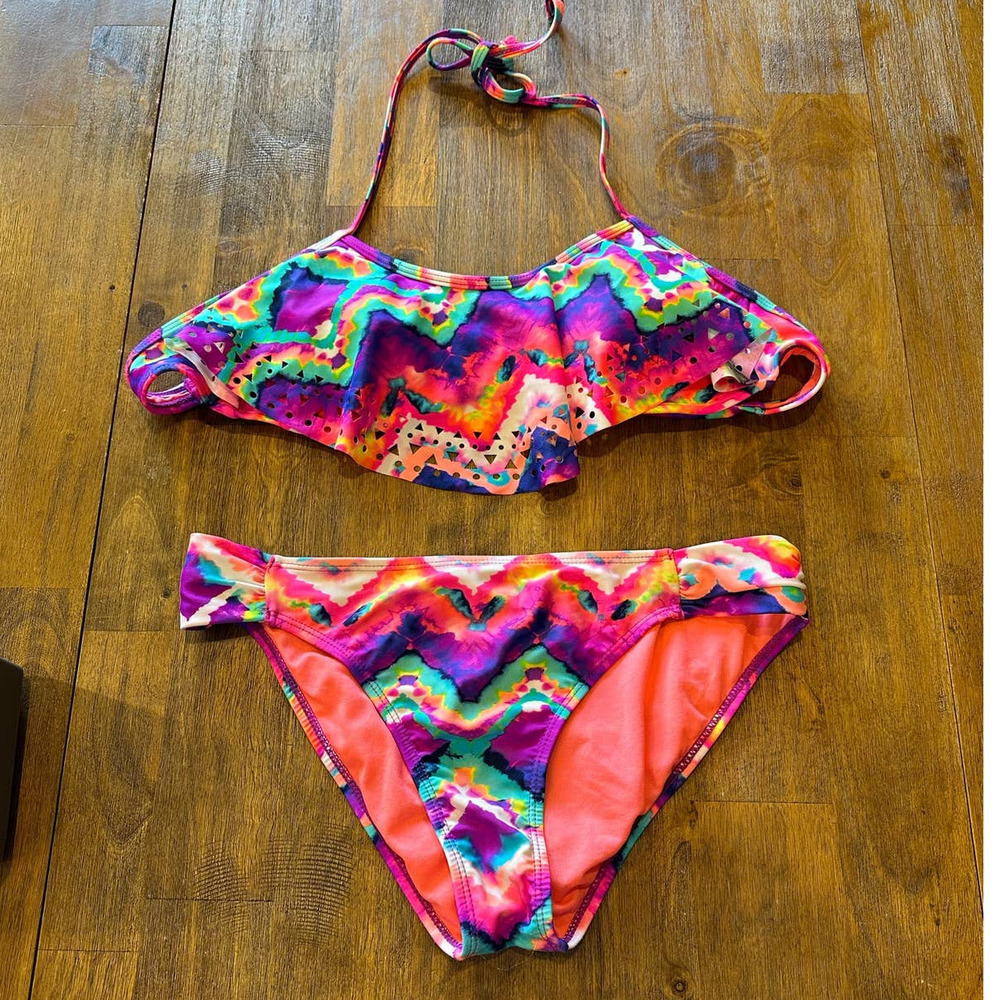 California Waves Bright Colorful Tie Dye Swimsuit Bikini 2 pc Sz S Top/ M Bottom